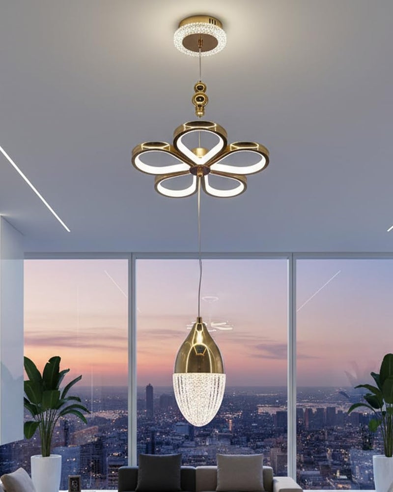 swanart Florilight Modern Crystal Glass Ceiling Light with 3-in-1 Color Changing LED, Adjustable Height (75cm-110cm), Elegant Gold Finish for Home & Office Decor - Image 1