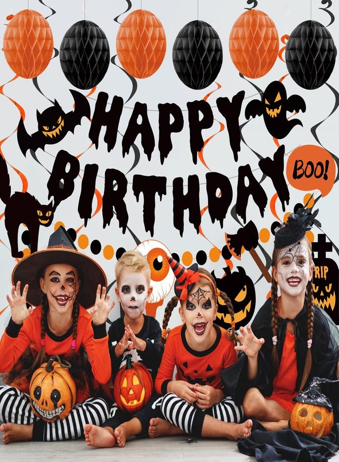 Danadia Halloween Birthday Decorations, Happy Birthday Banner for Halloween Party, Kid's Party Decorations with Honeycomb Balls, Hanging Swirl Streamers, Circle Dot Garland - Image 4