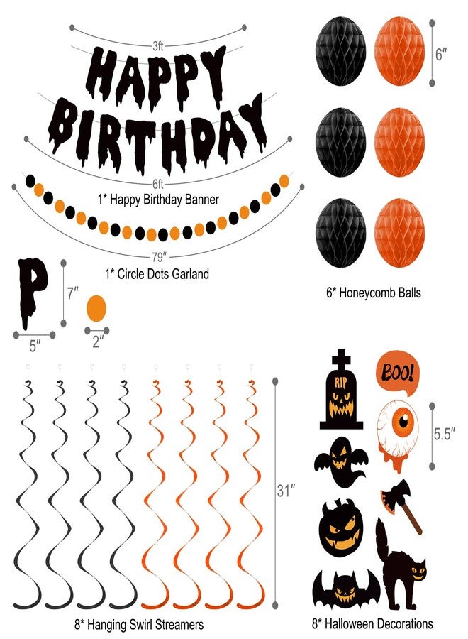 Danadia Halloween Birthday Decorations, Happy Birthday Banner for Halloween Party, Kid's Party Decorations with Honeycomb Balls, Hanging Swirl Streamers, Circle Dot Garland - Image 2