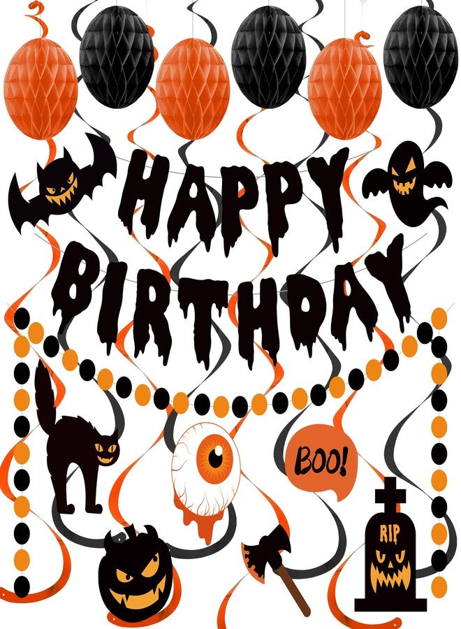 Danadia Halloween Birthday Decorations, Happy Birthday Banner for Halloween Party, Kid's Party Decorations with Honeycomb Balls, Hanging Swirl Streamers, Circle Dot Garland - Image 1