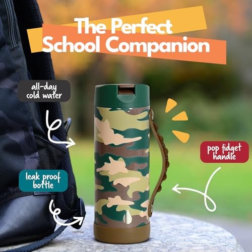 Elemental Iconic Kids Water Bottle for School 100 LeakProof Insulated Water Bottles with Straw Lid PopIt Handle for Boys Girls TripleWall Insulated BPAFree 14oz Green Camo - Image 3
