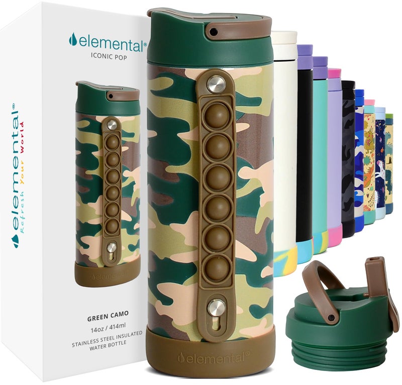 Elemental Iconic Kids Water Bottle for School 100 LeakProof Insulated Water Bottles with Straw Lid PopIt Handle for Boys Girls TripleWall Insulated BPAFree 14oz Green Camo - Image 2