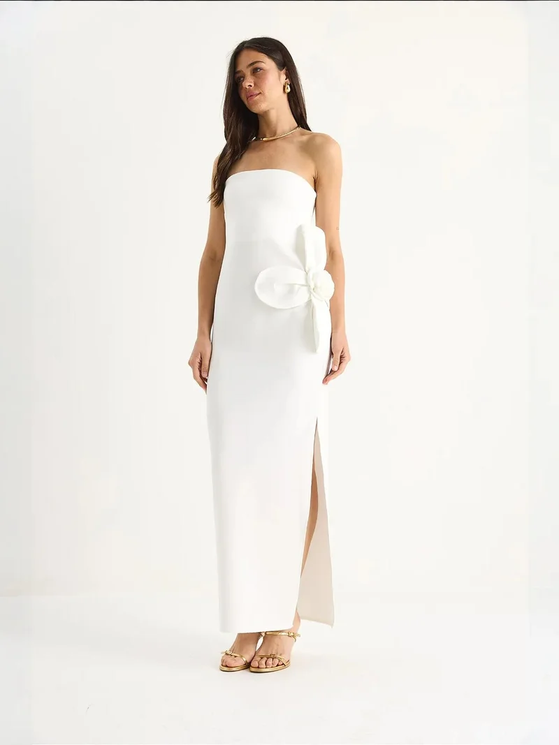 بيانكو لوتشي فستان ماكسي بدون حمالات بطبعة زهور مع تفاصيل فيونكة