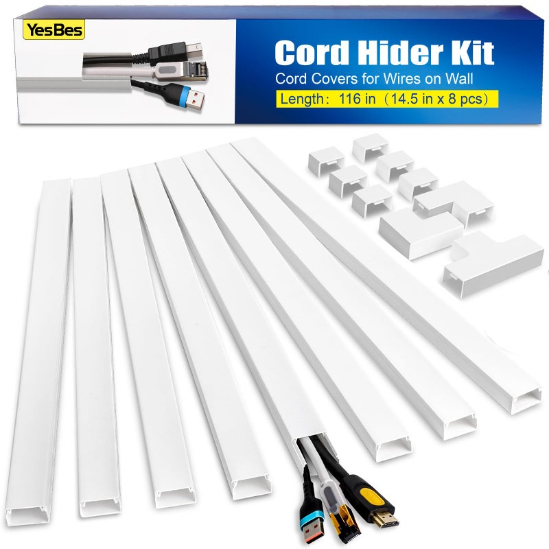 YesBes 116in Cord Hider Kit, Cord Covers for Wires on Wall, Paintable Cable Raceway, Cord Hider for Wall Mount tv, tv Cable Hider Wall kit, Wire Covers for Cords, W0.96in X H0.57in, White - Image 1