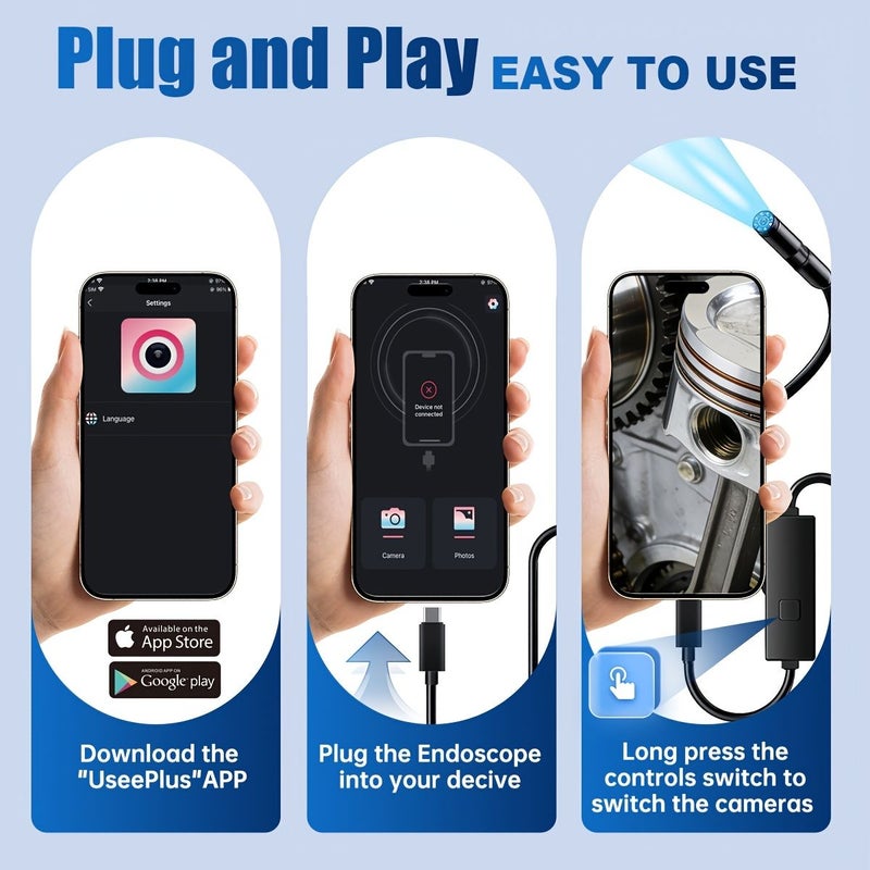 Endoscope Camera With Light For Mobile Phones Hd Borescope Tool 8 Adjustable Led Lights Ip67 Inspection Tool Semi Rigid Flexible Snake Camera 10 Meter Cable - Image 4