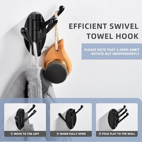 Angle Simple Folding Towel Hook Matte Black, Metal Swivel Robe Hook, Bathroom Towel Holder, Clothes Coat Holder for RV Home Storage, Wall Mount - Image 3
