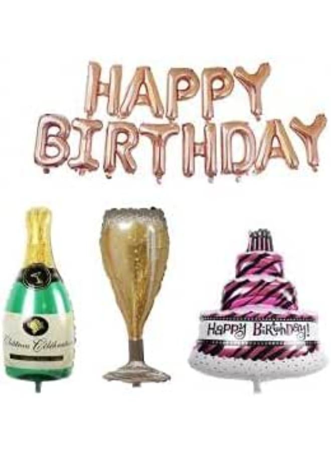 4 Pack Rose Gold Happy Birthday Foil Balloons Letters Banner Giant Champagne Bottle Goblet 3 Layers Large Cake Mylar Foil Balloons Birthday Party Decorations Kit