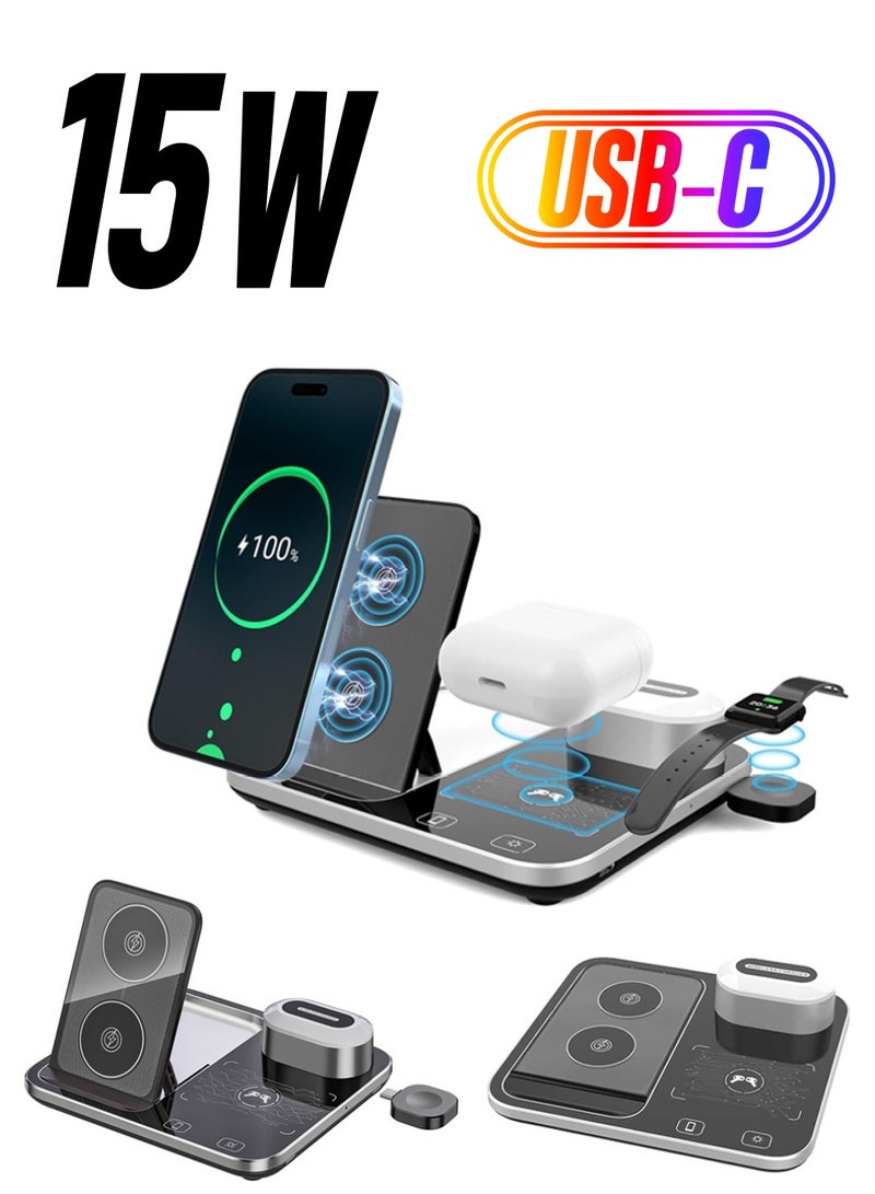 KASTWAVE Wireless Charging Station, 4-in-1 with Ambient Light Foldable Wireless Charging Stand for iPhone/Huawei/Samsung/Xiaomi Multiple Devices, for Phones/Watches/Wireless Headphones (Silver Black) - Image 1