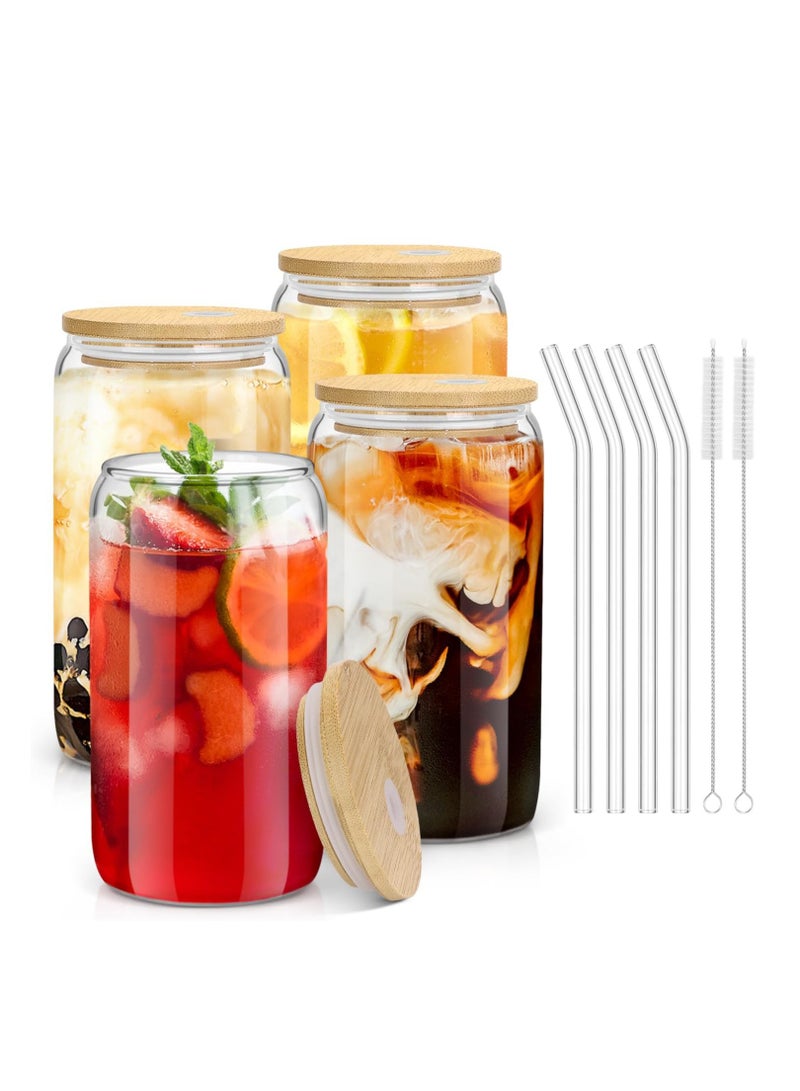 Sungwoo sungwoo 4PCS Glass Cups with Bamboo Lids and Straws, 16OZ Ice Coffee Cup, Drinking Cup set with Wooden Lids, Home Essential Glass Tumblers for Beer, Cocktail, Tea and Latte Clear  - Image 1