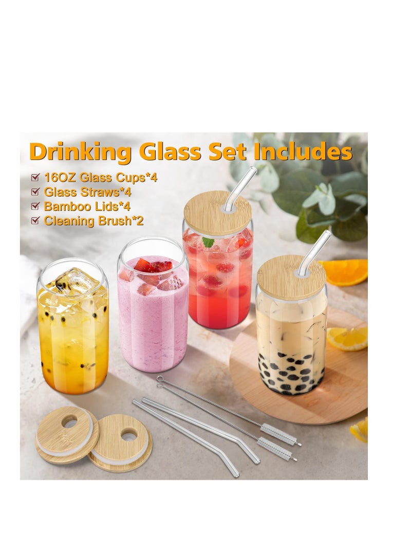 Sungwoo sungwoo 4PCS Glass Cups with Bamboo Lids and Straws, 16OZ Ice Coffee Cup, Drinking Cup set with Wooden Lids, Home Essential Glass Tumblers for Beer, Cocktail, Tea and Latte Clear  - Image 4