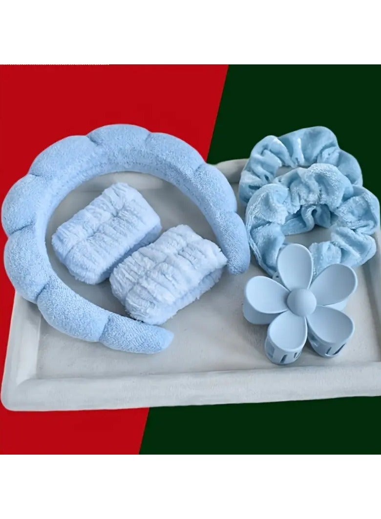 Ucanbe 6pcs/set Women's SPA Headband Grab clip Velvet collar-ring petal High craniolet Sponge Headband Wrist Strap Christmas Gift Ladies Gift Face Makeup Hairband suitable - Image 1