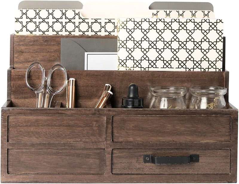 Blu Monaco Brown Wood Mail Organizer with Drawer & Pen Holder – Desk Organizer for Bills, Storage, Countertop & Kitchen - Image 1