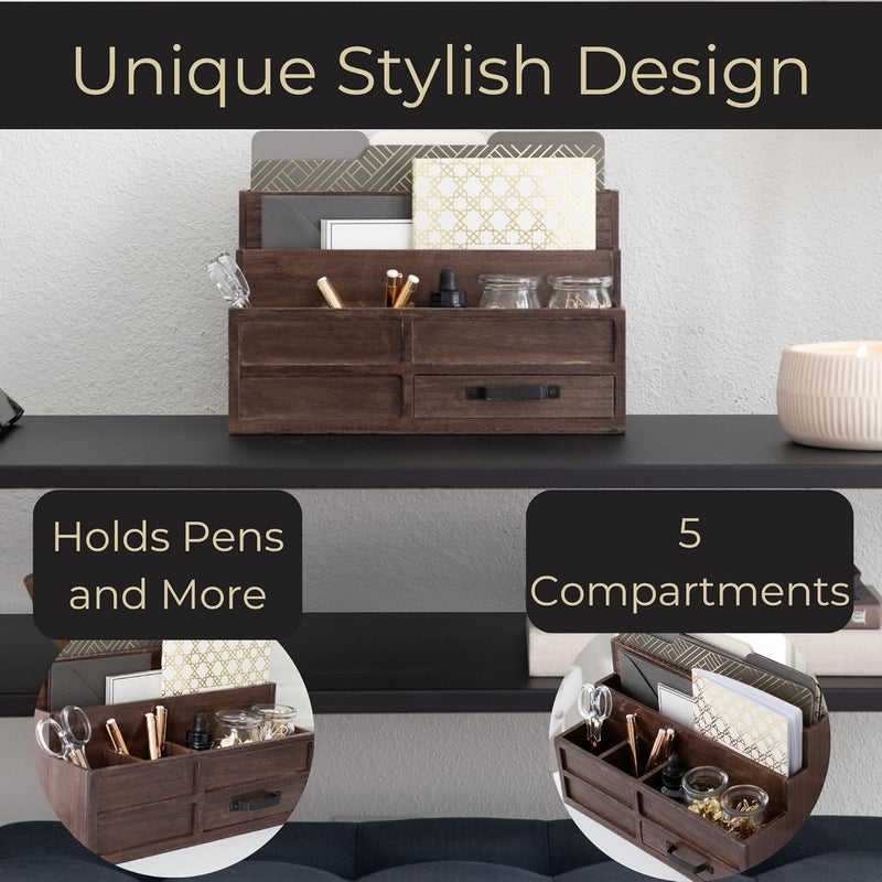 Blu Monaco Brown Wood Mail Organizer with Drawer & Pen Holder – Desk Organizer for Bills, Storage, Countertop & Kitchen - Image 5