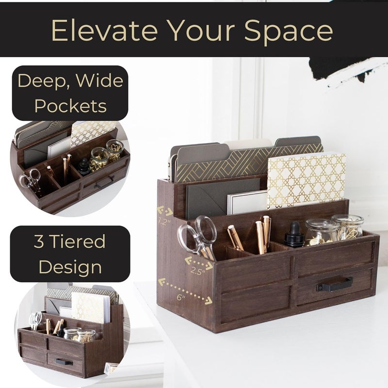 Blu Monaco Brown Wood Mail Organizer with Drawer & Pen Holder – Desk Organizer for Bills, Storage, Countertop & Kitchen - Image 3