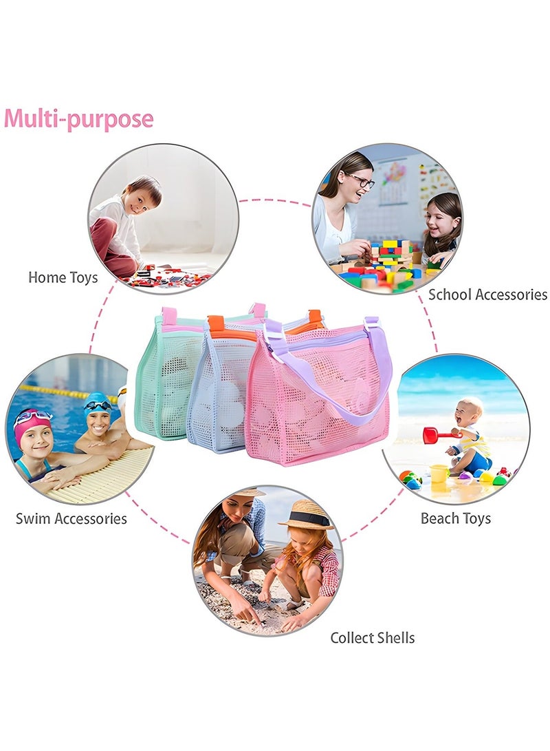 GROIC 3 PCS Beach Toy Mesh Bags - Kids Shell Collecting Sand Totes with Adjustable Carrying Straps,Swimming Pool Storage Bag - Image 4
