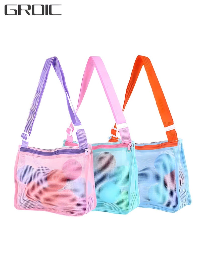 GROIC 3 PCS Beach Toy Mesh Bags - Kids Shell Collecting Sand Totes with Adjustable Carrying Straps,Swimming Pool Storage Bag - Image 1