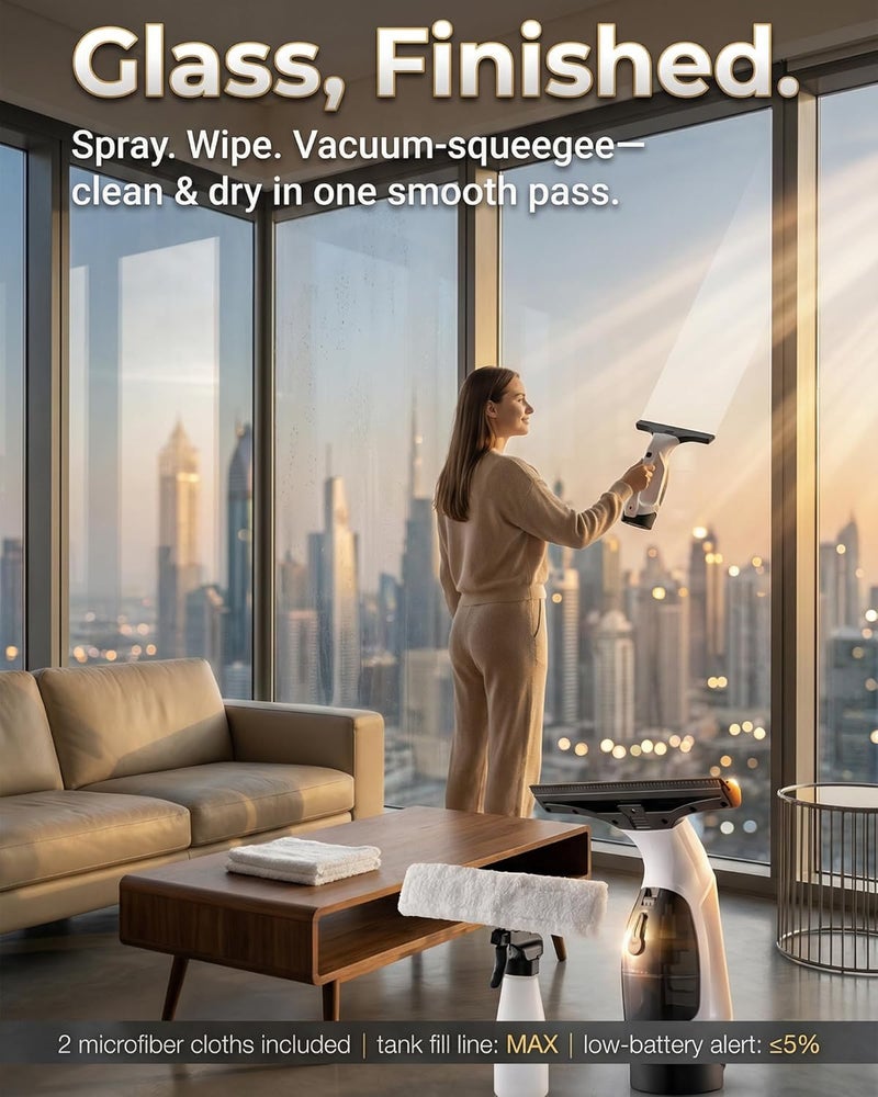 ALLESM Window Cleaner & Glass Cleaner Kit,Window Vacuum Cleaner Cordless Electric Handheld,Suction Window Squeegee with Spray Bottle,Cloth Holder 2 Microfiber Cloths for Windows, Mirrors, Shower Glass,Tiles - Image 2