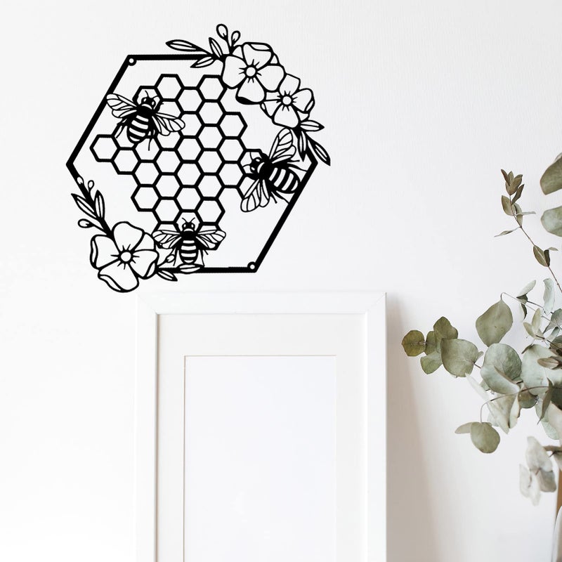 Yuzhuo Metal Bee Wall Art - Farmhouse Honey Bees and Hives with Flowers - Black - Image 5