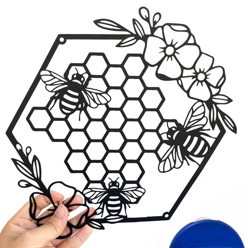 Yuzhuo Metal Bee Wall Art - Farmhouse Honey Bees and Hives with Flowers - Black - Image 1
