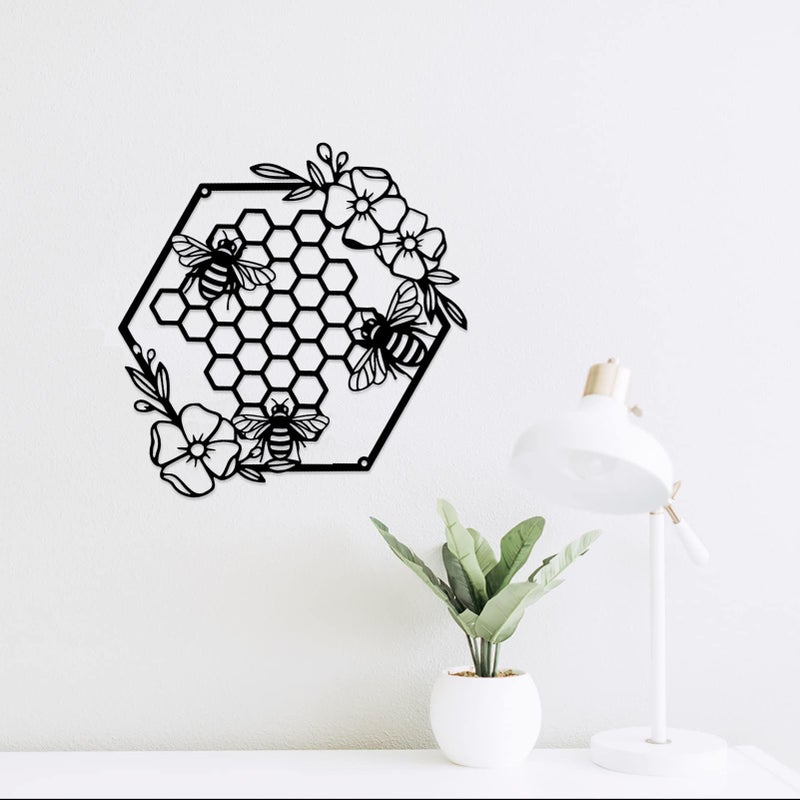 Yuzhuo Metal Bee Wall Art - Farmhouse Honey Bees and Hives with Flowers - Black - Image 2