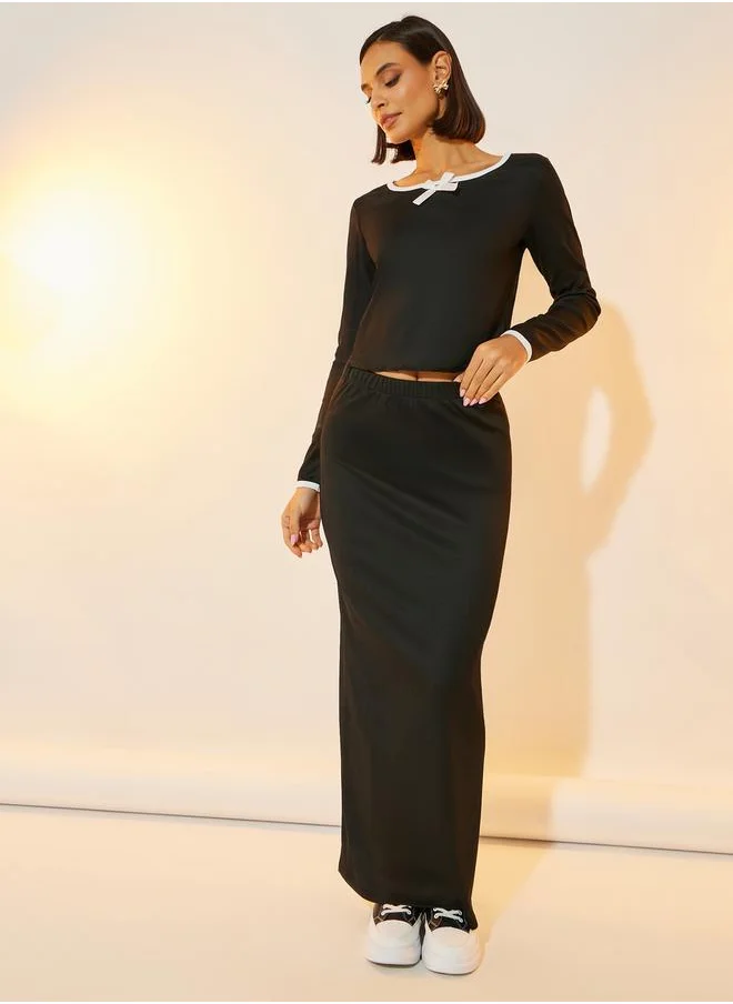 تايك تو Contrast Edge Ribbed Crop Top & Maxi Skirt Co-Ords