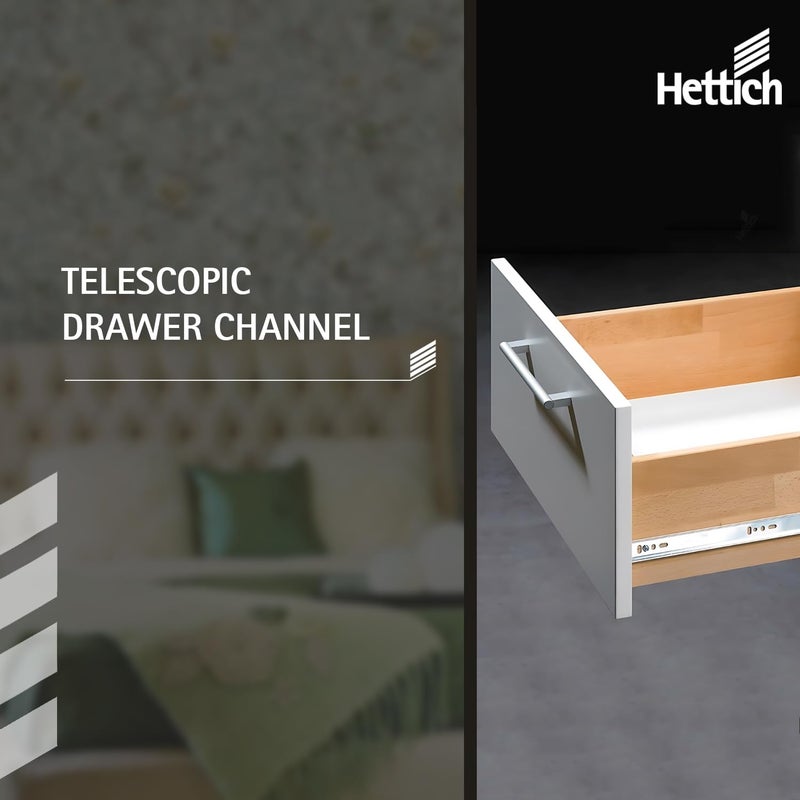 Hettich قناة كروية تلسكوبية KA 5632/450 مم | تشطيب زنك، إغلاق عادي | قناة درج للمنزل والمطبخ وخزانة الملابس | سعة تحميل 45 كجم | تمديد كامل (فولاذ مجلفن، 2 قطعة) - Image 2