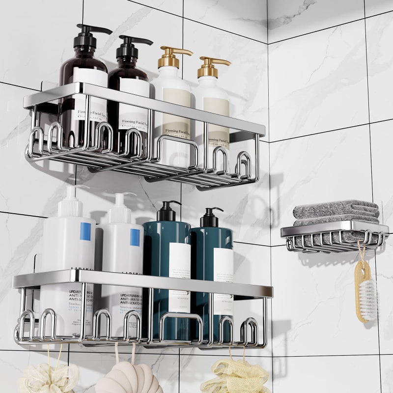 Veken Shower Caddy 3-Pack, Advanced Rustproof Design, No Drilling Adhesive Shelves, Rack with Soap Holder, Large Capacity Bathroom Organizers and Storage, Wall-Mounted Kitchen & Home Decor - Image 1
