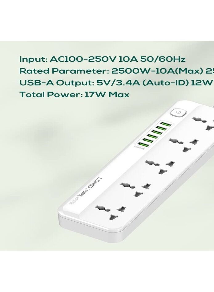 لدنيو مشترك كهربائي للحماية من التيارات المتغيرة، مع 5 منافذ تيار متردد و6 منافذ شحن USB بطول 2 متر للمنزل والمكتب من لدنيو SC5614 - ابيض - Image 3