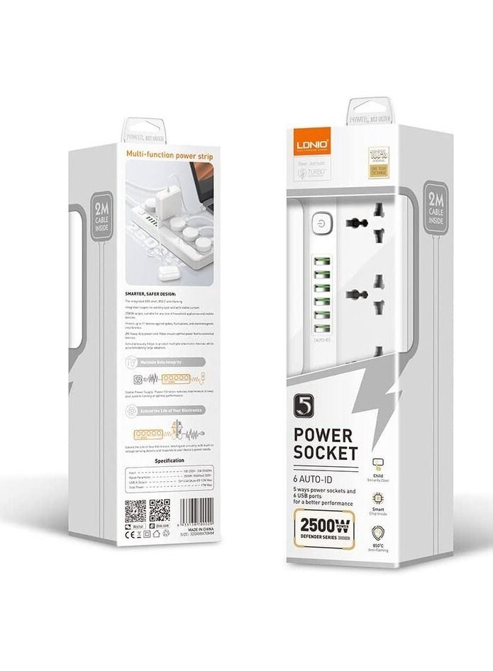 لدنيو مشترك كهربائي للحماية من التيارات المتغيرة، مع 5 منافذ تيار متردد و6 منافذ شحن USB بطول 2 متر للمنزل والمكتب من لدنيو SC5614 - ابيض - Image 5