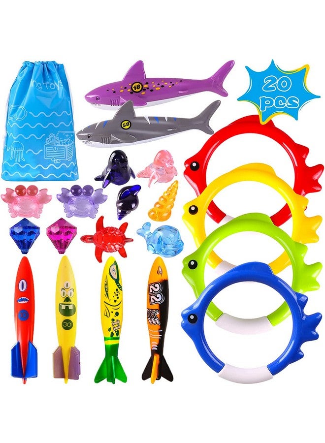 Woplagyreat Summer Pool Diving Swimming Toys For Kids, Fun Swim Games Sinking Set, Underwater Dive Gifts With Storage Bag Include Torpedo Gems Shark Rings Sea Animals For Boys Girls Toddlers 20 Packs - Image 1