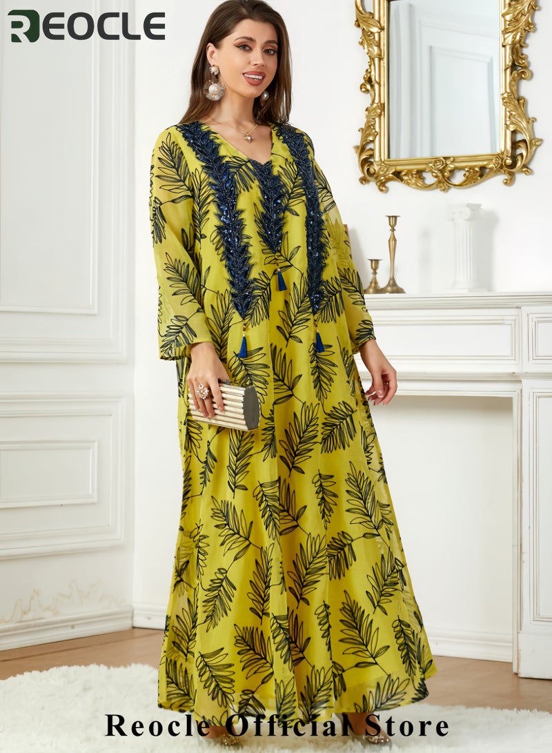 REOCLE Women's Embroidered Chiffon Kaftan Elegant Maxi Abaya Flowing Ethnic Robe Luxury Evening Dress for Weddings & Special Occasions - Image 3