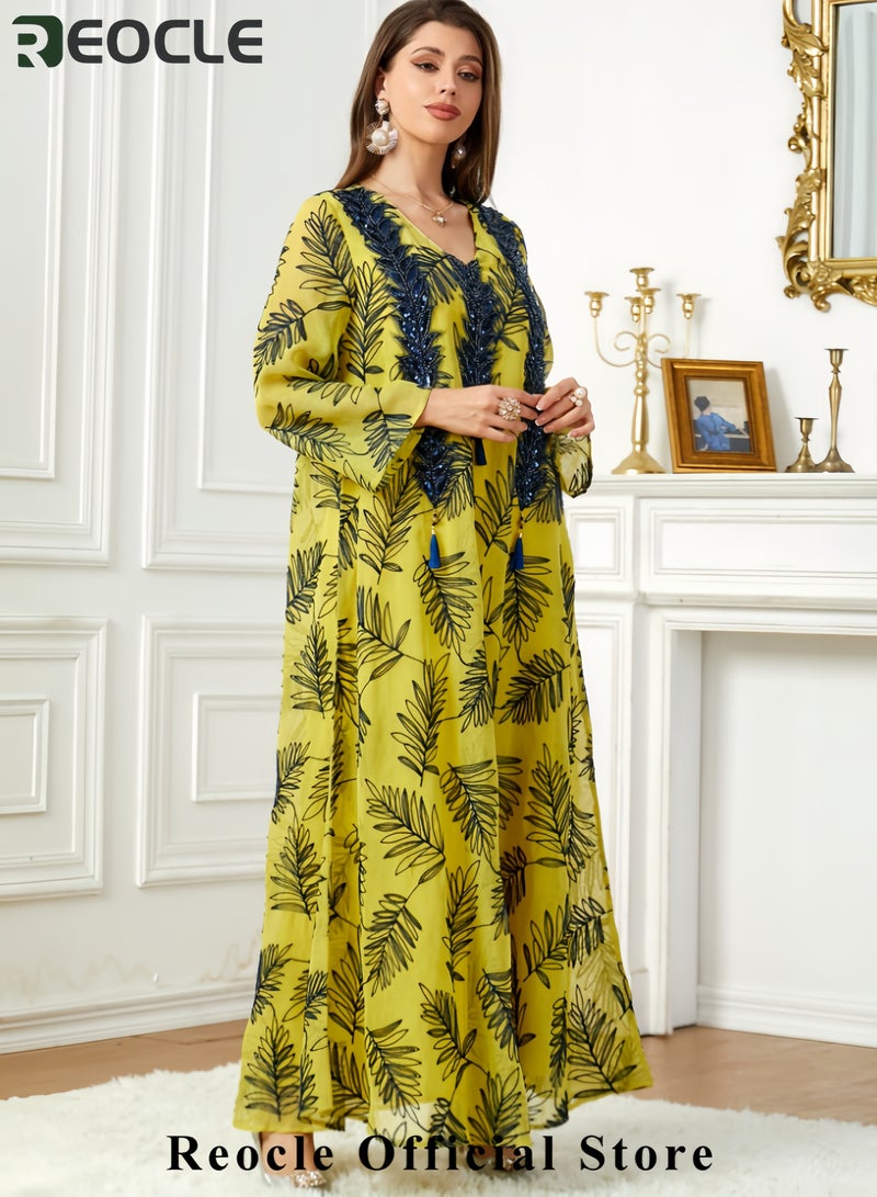 REOCLE Women's Embroidered Chiffon Kaftan Elegant Maxi Abaya Flowing Ethnic Robe Luxury Evening Dress for Weddings & Special Occasions - Image 2