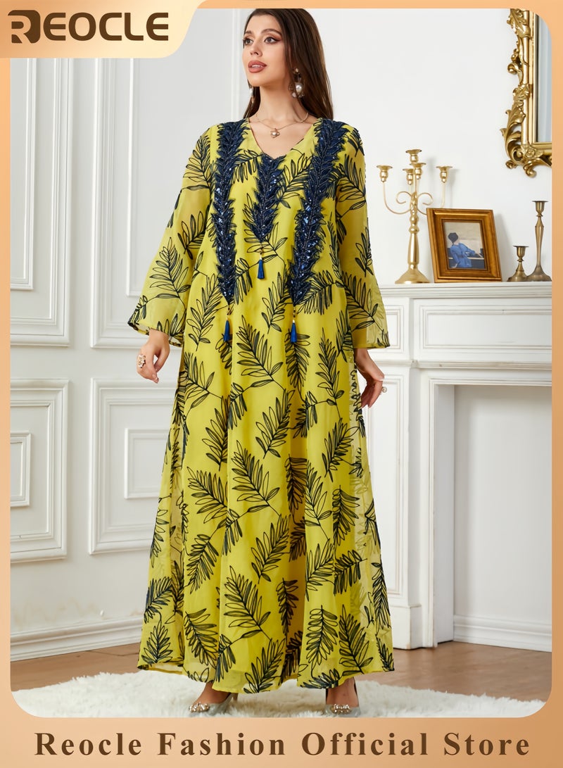 REOCLE Women's Embroidered Chiffon Kaftan Elegant Maxi Abaya Flowing Ethnic Robe Luxury Evening Dress for Weddings & Special Occasions - Image 1