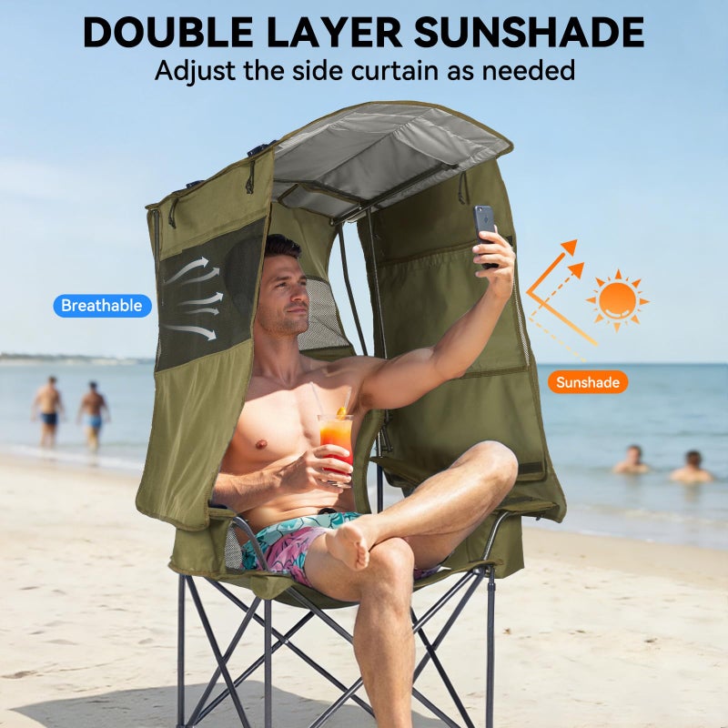 Huskfirm Camping Chair with Canopy Shade - Folding Beach Chair with UPF 50+ Sun Shade, Cup Holder, Side Pocket, Portable Sports Chair for Adults Support 330 LBS, Fishing Camp Outdoor Lawn Chair - Grey - Image 2