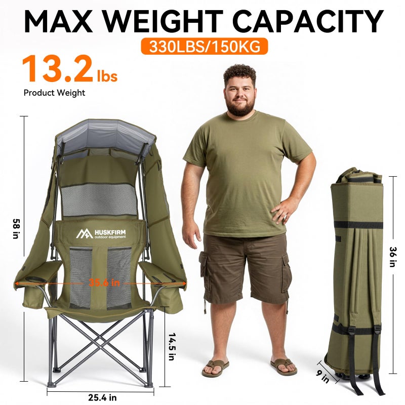 Huskfirm Camping Chair with Canopy Shade - Folding Beach Chair with UPF 50+ Sun Shade, Cup Holder, Side Pocket, Portable Sports Chair for Adults Support 330 LBS, Fishing Camp Outdoor Lawn Chair - Grey - Image 5