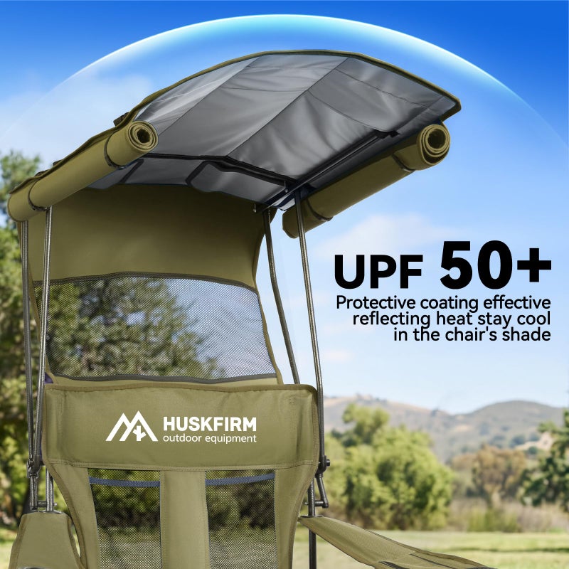 Huskfirm Camping Chair with Canopy Shade - Folding Beach Chair with UPF 50+ Sun Shade, Cup Holder, Side Pocket, Portable Sports Chair for Adults Support 330 LBS, Fishing Camp Outdoor Lawn Chair - Grey - Image 4
