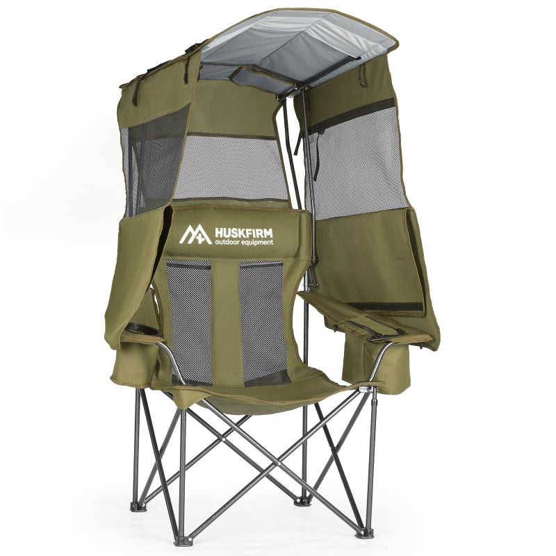 Huskfirm Camping Chair with Canopy Shade - Folding Beach Chair with UPF 50+ Sun Shade, Cup Holder, Side Pocket, Portable Sports Chair for Adults Support 330 LBS, Fishing Camp Outdoor Lawn Chair - Grey - Image 1