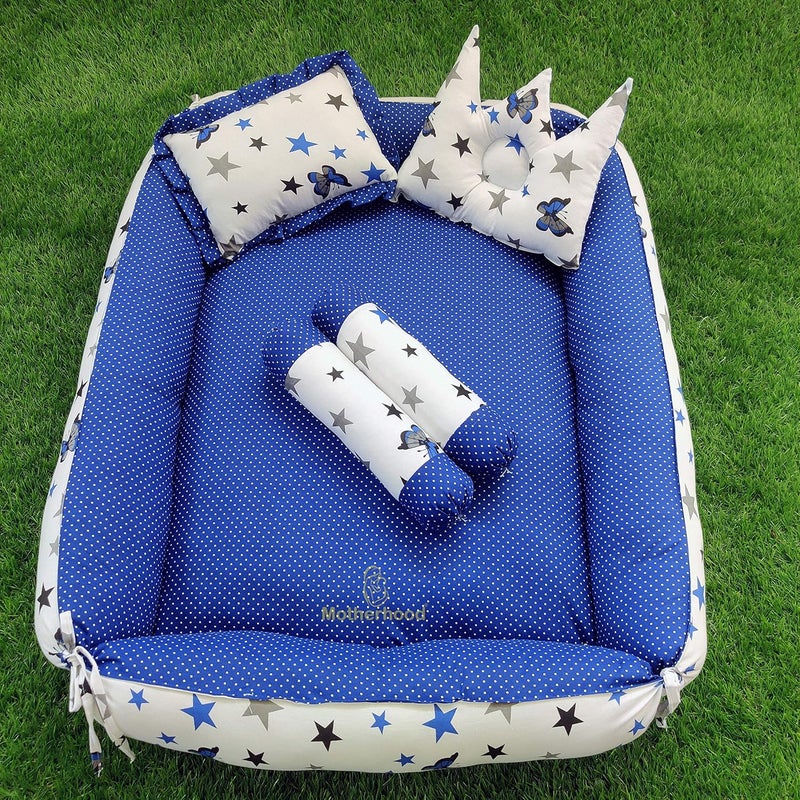 MOTHERHOOD MOTHERHOOD Box Baby Tub Bed and 4 pc Baby Pillow Luxury Baby Mattress Bed Sleeper Bedding Set coSleeper Safe Cotton Fabric with RFilled UltraSoft Comfortable for Newborn to Toddlers Z Blue - Image 1