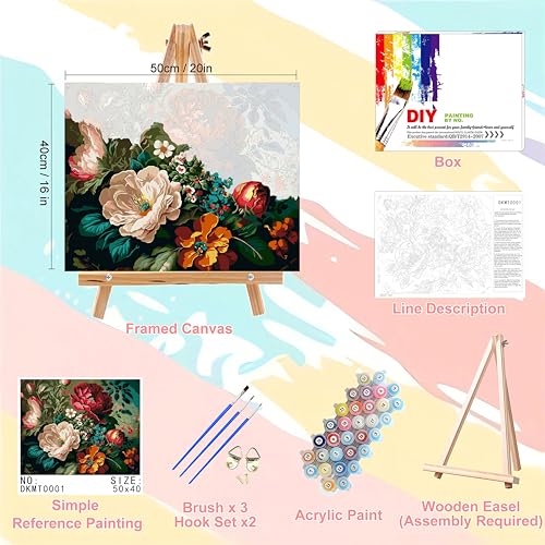 xackcme Peony Paint by Numbers for Adults with Framed Canvaswith Wooden EaselPaint by Number on Canvas FlowersDIY Acrylic Oil Painting Kits with Brushes Nice Gift Box for Home Wall Decor16x20inch - Image 3