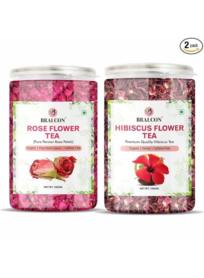 BRALCON Organic Herbal Tea Combo Pack- Hibiscus Flower Tea, Rose Flower Tea- 200g (100g x 2 Pack) | Caffeine Free| Premium Hibiscus Tea Leaves |use for Iced Tea, Cocktails|Improve Digestion| Rose Tea - Image 1