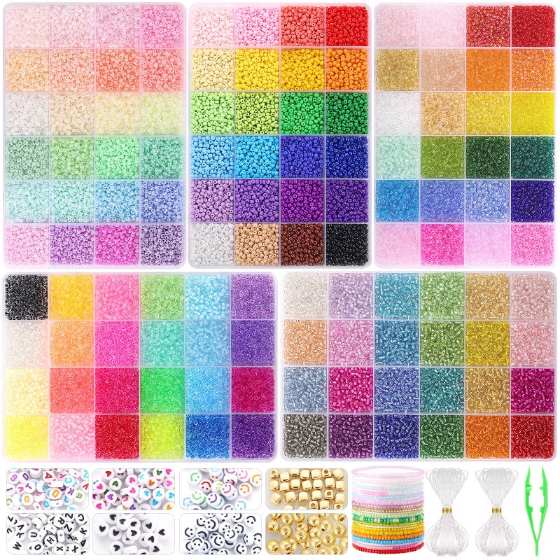 Funtopia 34000pcs 3mm Seed Beads for Jewelry Making 5 Types 120 Colors Small Glass Beads for Bracelets Friendship Bracelet Kit with Alphabet Letter Beads Smile Face Beads for DIY Art and Craft