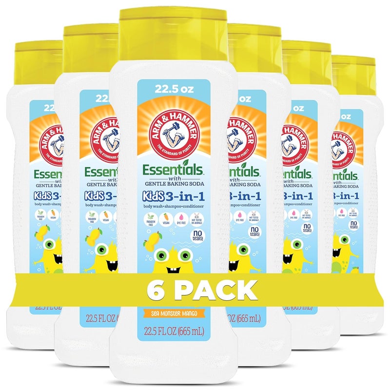 Arm & Hammer 6 Pack Essentials Kids Body Wash - 3-in-1 Sea Monster Mango 22.5oz - Non Toxic Kids Shampoo and Body Wash And Conditioner