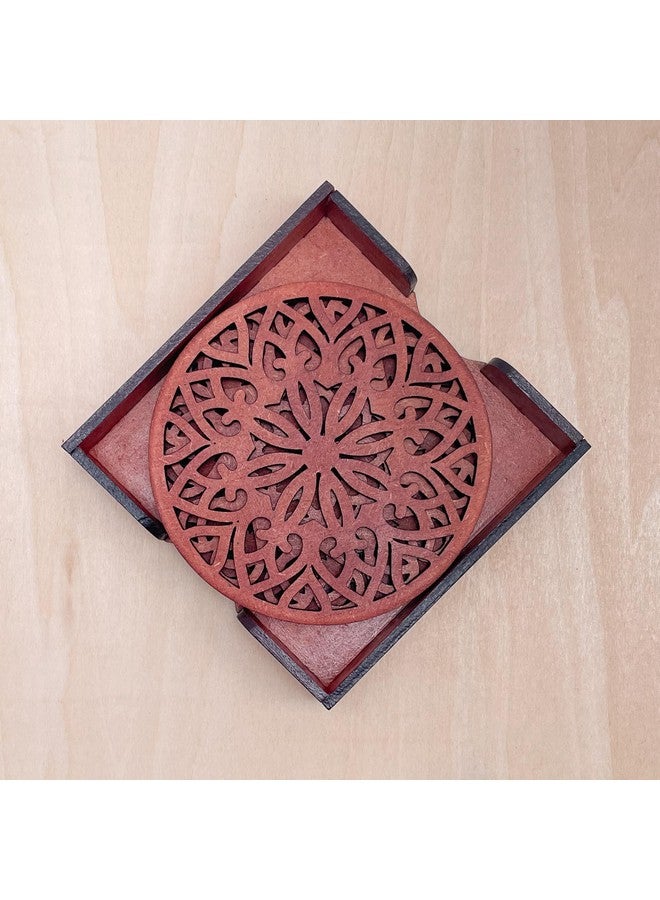 IndionArt Treeni 88mm Decorative Wooden Tea Coaster Set with Stand, Hand-Painted, Spill-Resistant, Mandala Design (Set of 4, Cinnamon) - Image 1