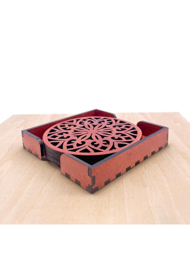 IndionArt Treeni 88mm Decorative Wooden Tea Coaster Set with Stand, Hand-Painted, Spill-Resistant, Mandala Design (Set of 4, Cinnamon) - Image 3