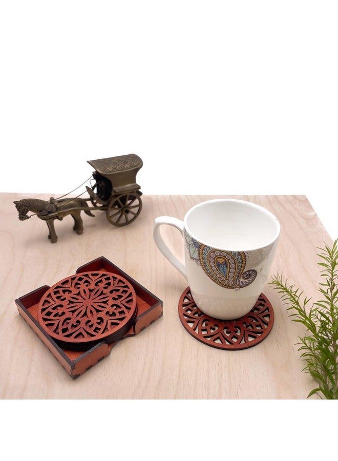 IndionArt Treeni 88mm Decorative Wooden Tea Coaster Set with Stand, Hand-Painted, Spill-Resistant, Mandala Design (Set of 4, Cinnamon) - Image 4