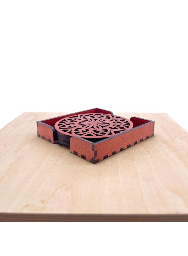 IndionArt Treeni 88mm Decorative Wooden Tea Coaster Set with Stand, Hand-Painted, Spill-Resistant, Mandala Design (Set of 4, Cinnamon) - Image 2
