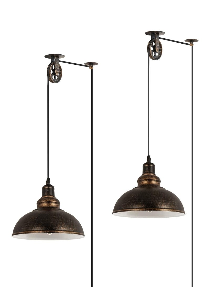 LOOPITYS Industrial Plug in Pulley Pendant Light  (2 Pack) with 19.5ft Cord On/Off Switch, Vintage Barn Bronze Domed Hanging Ceiling Light Fixture for Farmhouse Kitchen Island Living Dining Room - Image 1