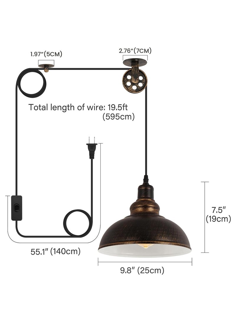LOOPITYS Industrial Plug in Pulley Pendant Light  (2 Pack) with 19.5ft Cord On/Off Switch, Vintage Barn Bronze Domed Hanging Ceiling Light Fixture for Farmhouse Kitchen Island Living Dining Room - Image 4