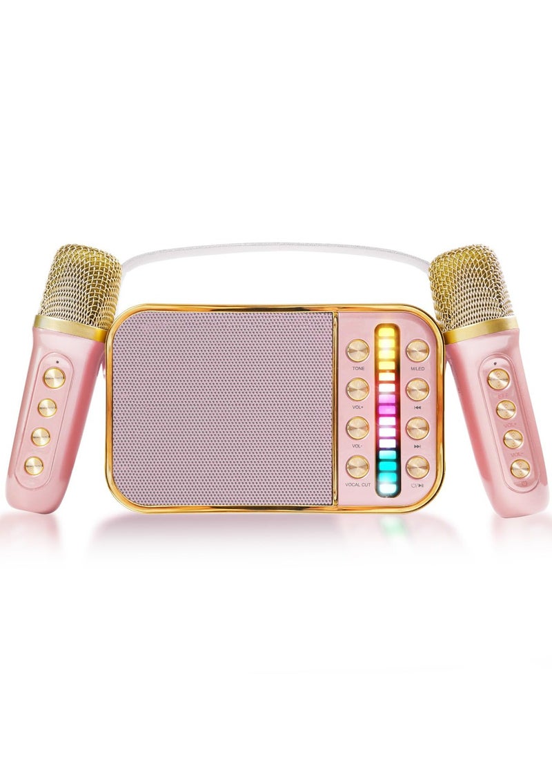 Generic Mini Karaoke Machine with 2 Wireless Microphone Set Mini Karaoke Machine for Kids and Adults Portable Handheld Microphone and Speaker Set Retro Speaker System with Disco Light Home Party KTV Pink  - Image 1