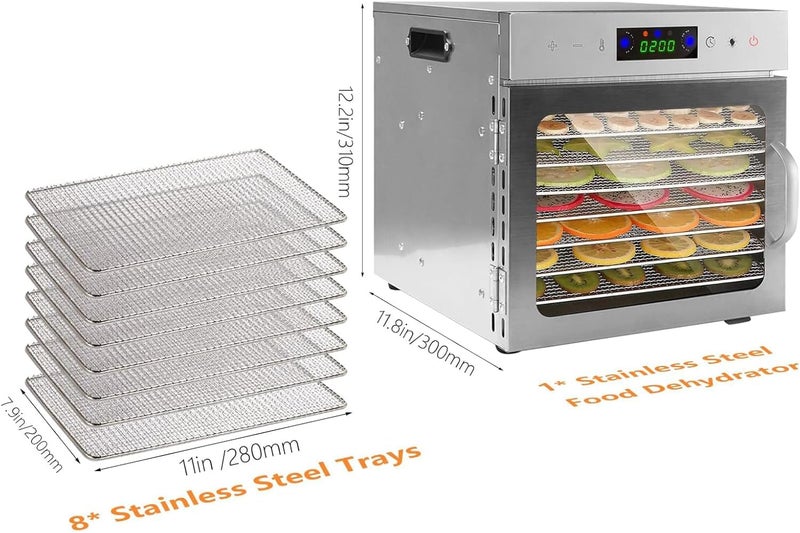 Foloose Food Dehydrator Machine Dehydrator Vegetable Fruit Dehydrator with 24H Timer and Light 8 Drying Racks 800W 30-90℃ with Touchscreen Control and Visible Window for Home Commercial - Image 2